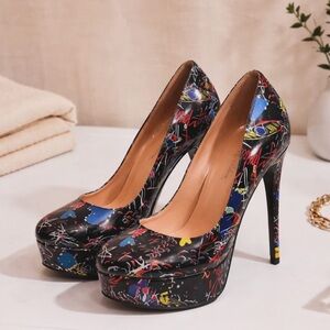 Graffiti Colorful Round Toe Platform Stiletto Pumps